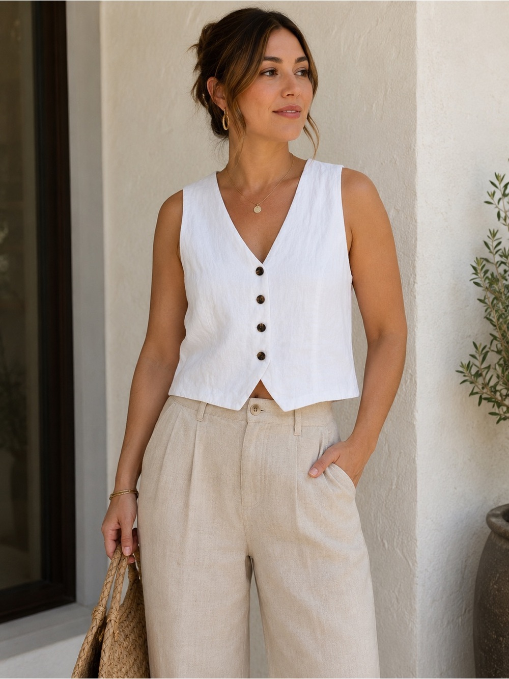J.Crew White Linen Blend Button Front Vest Top Coastal Chic Size 14